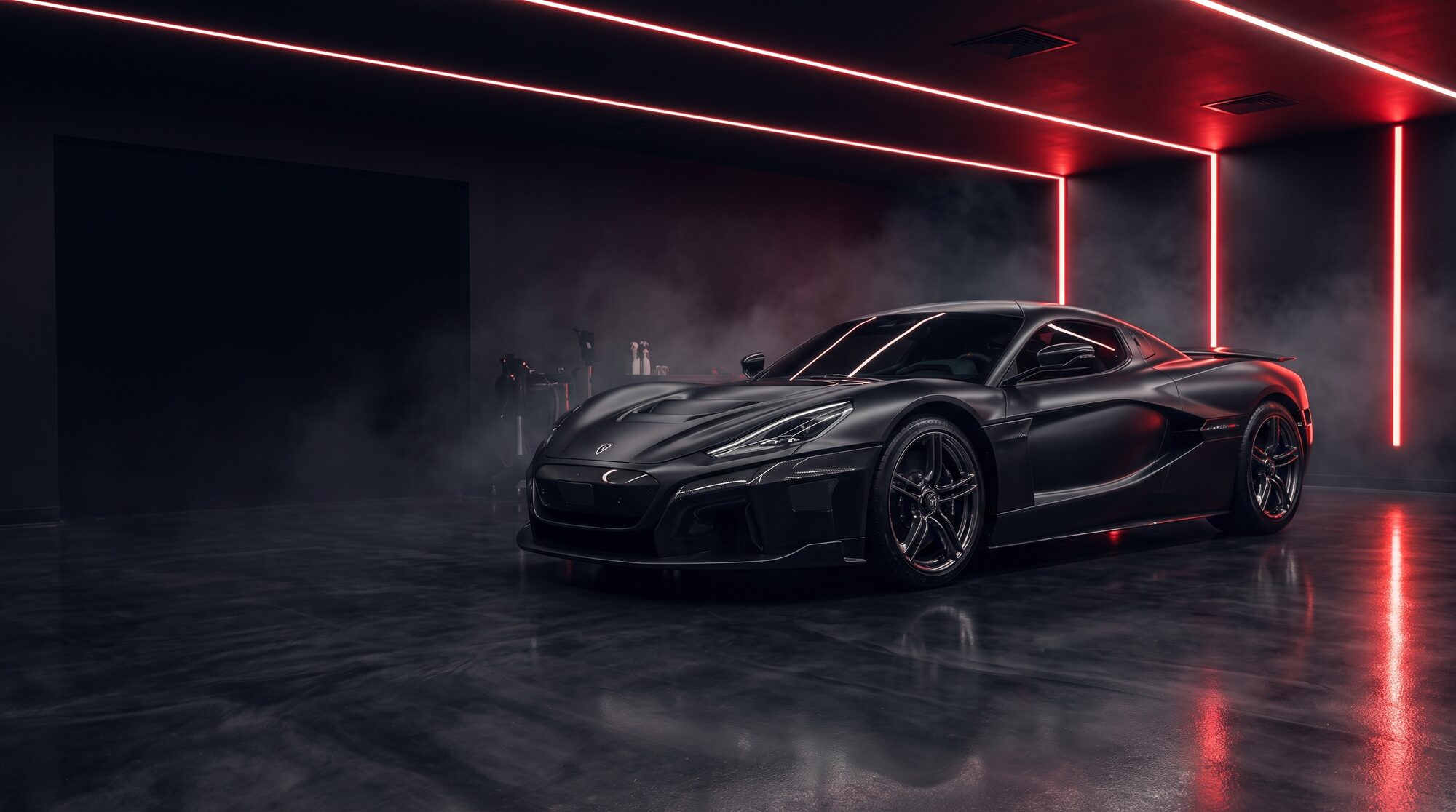 Matte-black sports car in a red-lit detailing bay