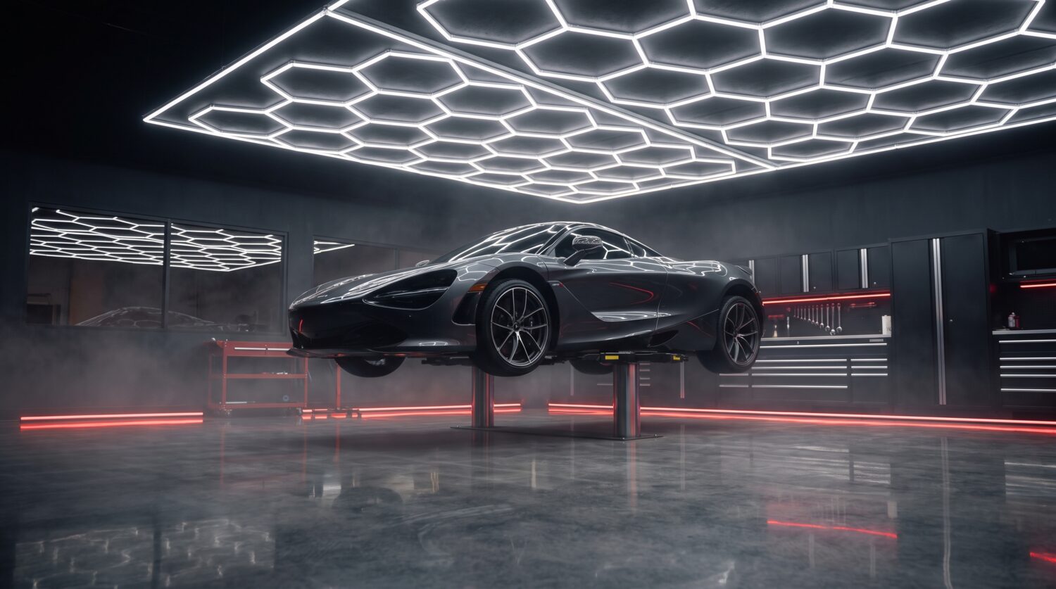 Sports car on a lift under hexagonal studio lights